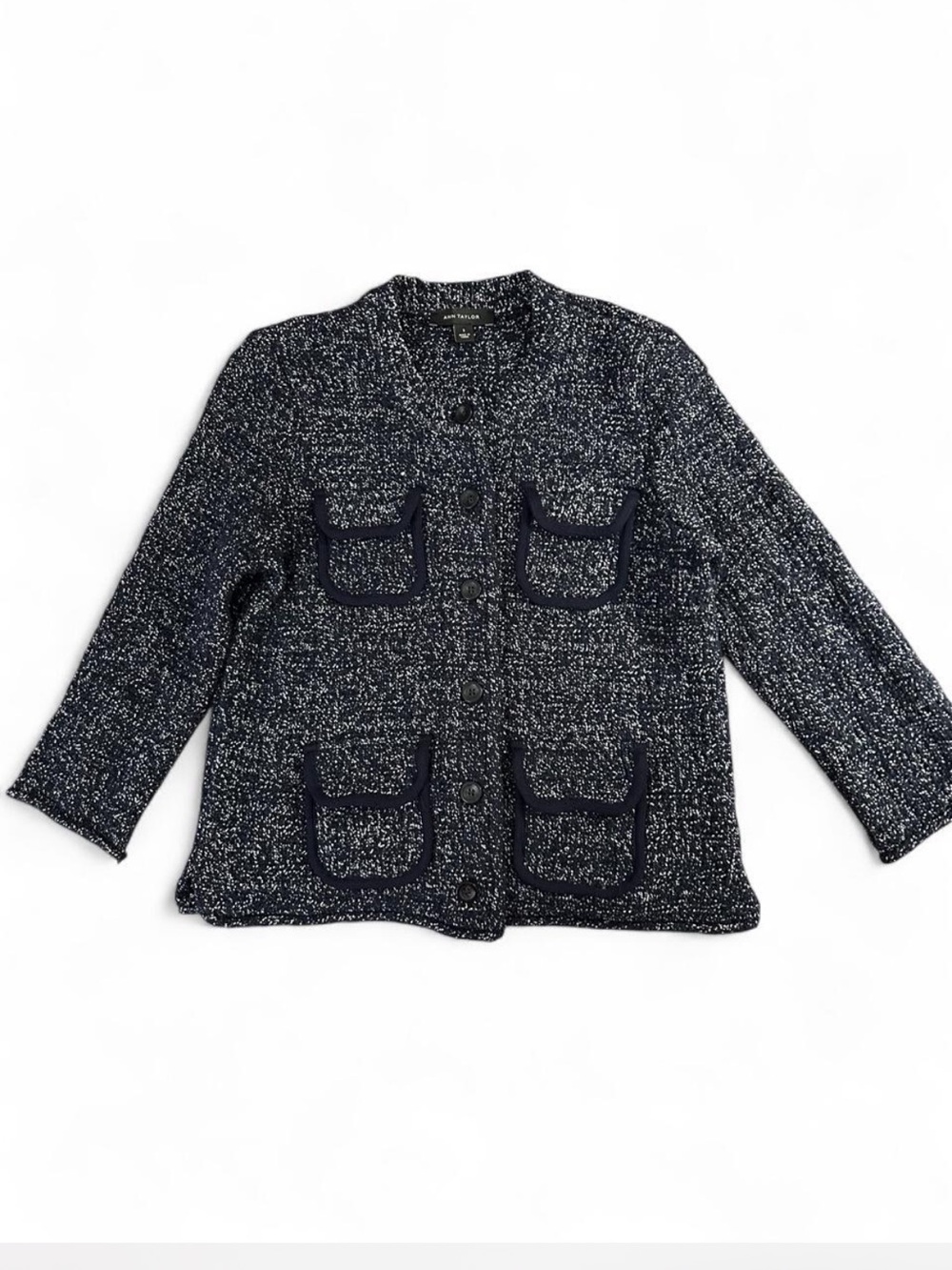 Ann Taylor Navy Speckled Knit Button-Front Jacket